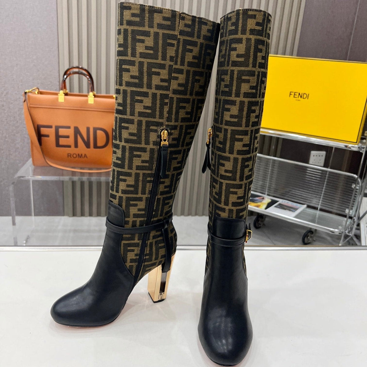 FENDI knee boots high heel monogram black cowhide 521216