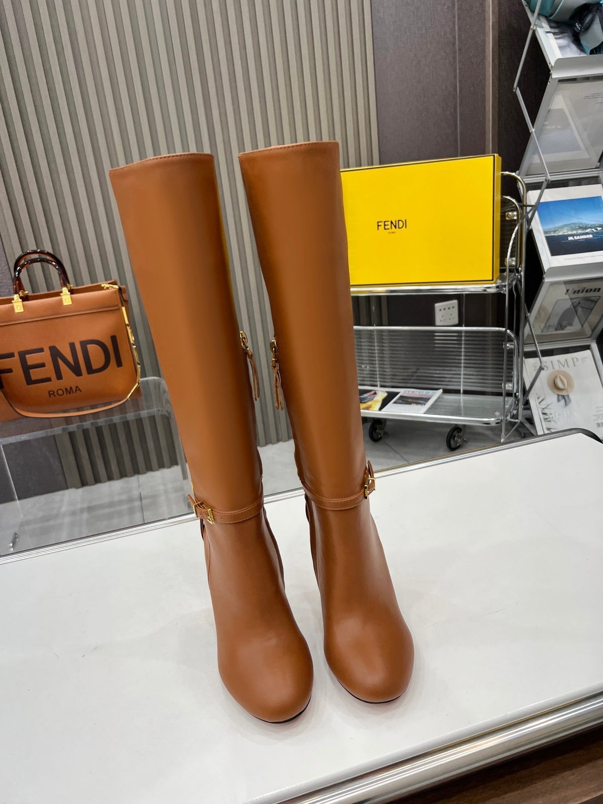 FENDI knee boots high heel caramel brown cowhide 521208