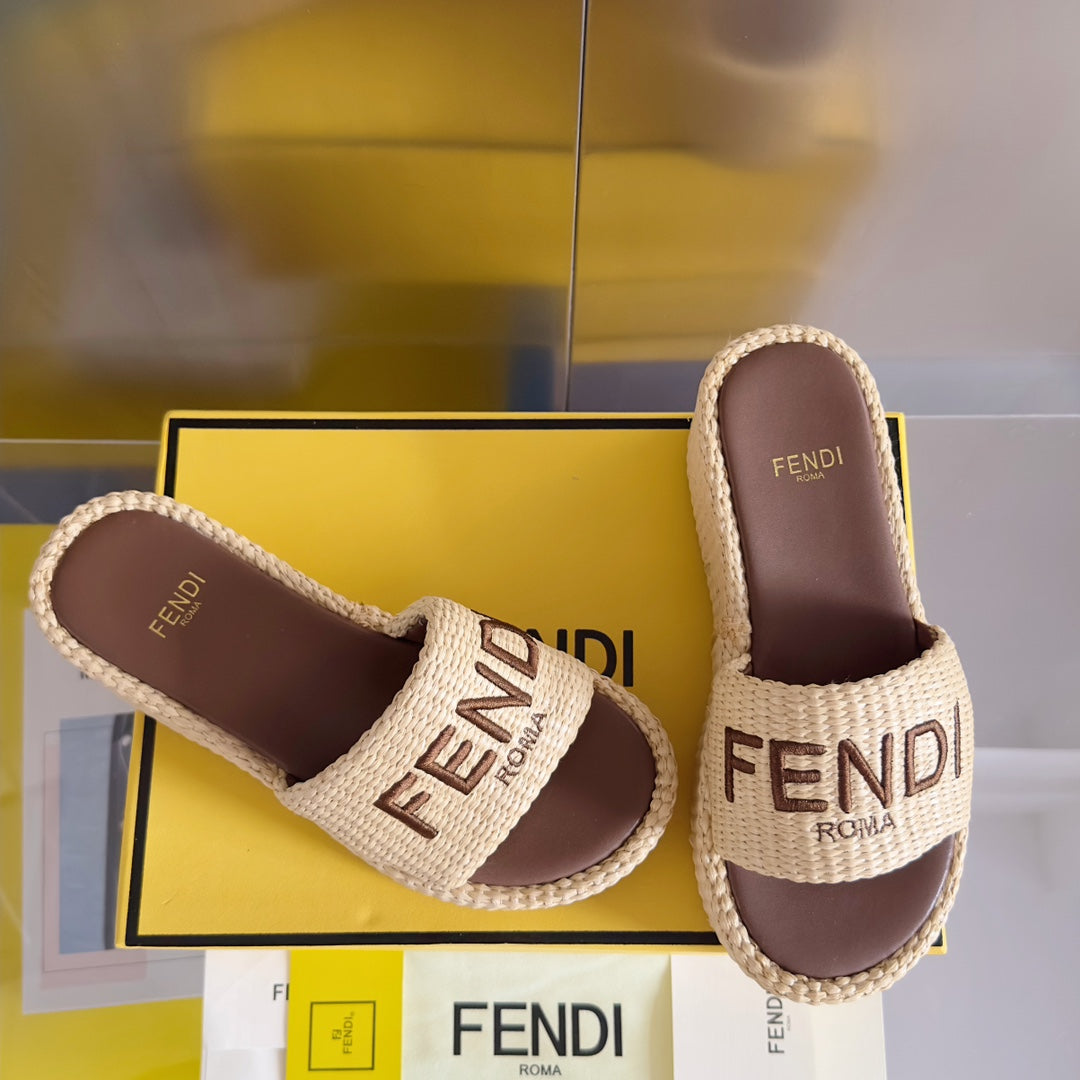 FF Sunshine 65 Beige Cotton Brown Leather Fibre Flatform Slide