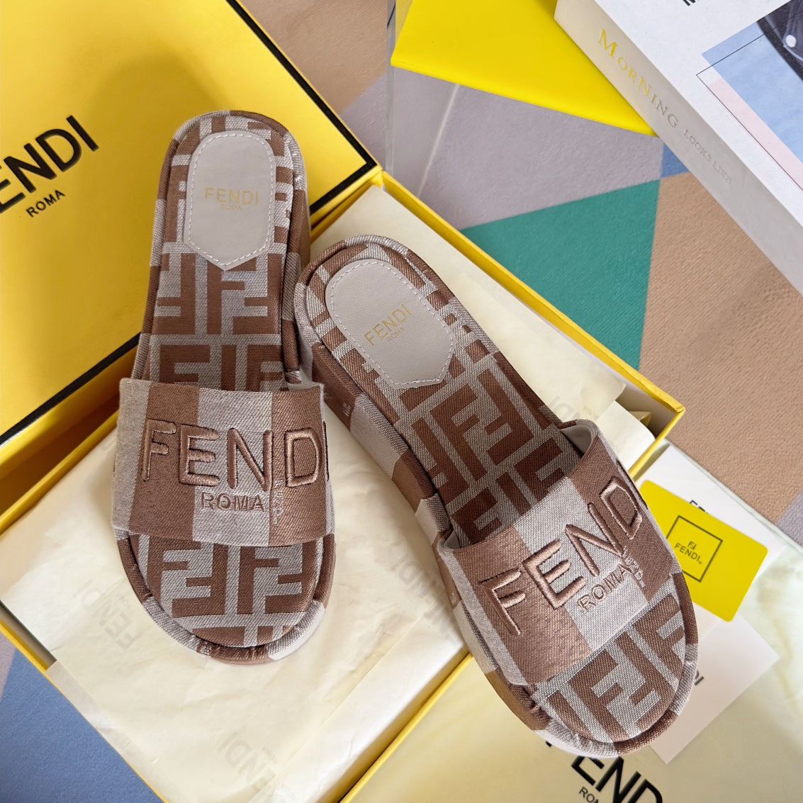 FF Sunshine 65 Light Brown Grey Canvas Flatform Slide