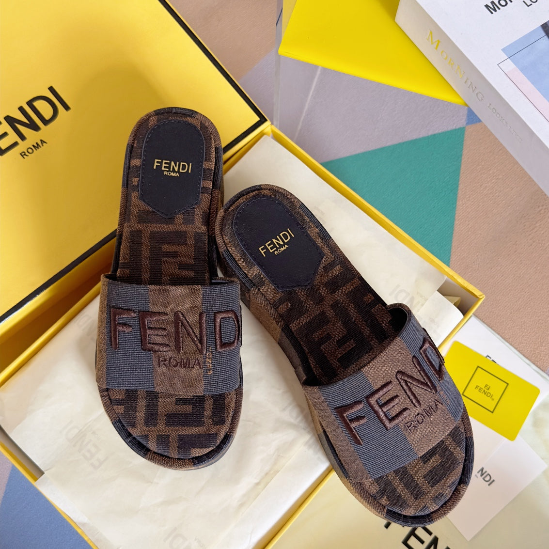FF Sunshine 65 Black Brown Canvas Flatform Slide