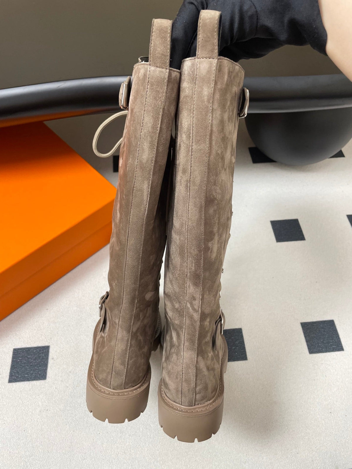 HM Lace Up Boots 25mm Belt Buckle Taupe Suede