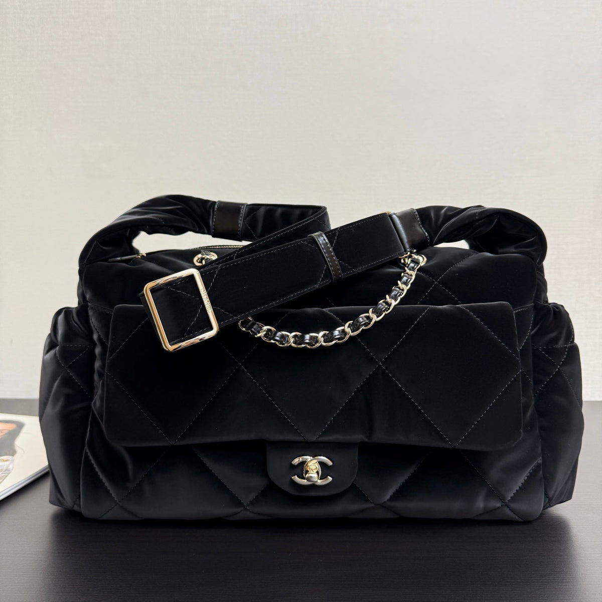Chanel 26 Bowling Maxi Bag 32 Black Velvet Effect Nylon