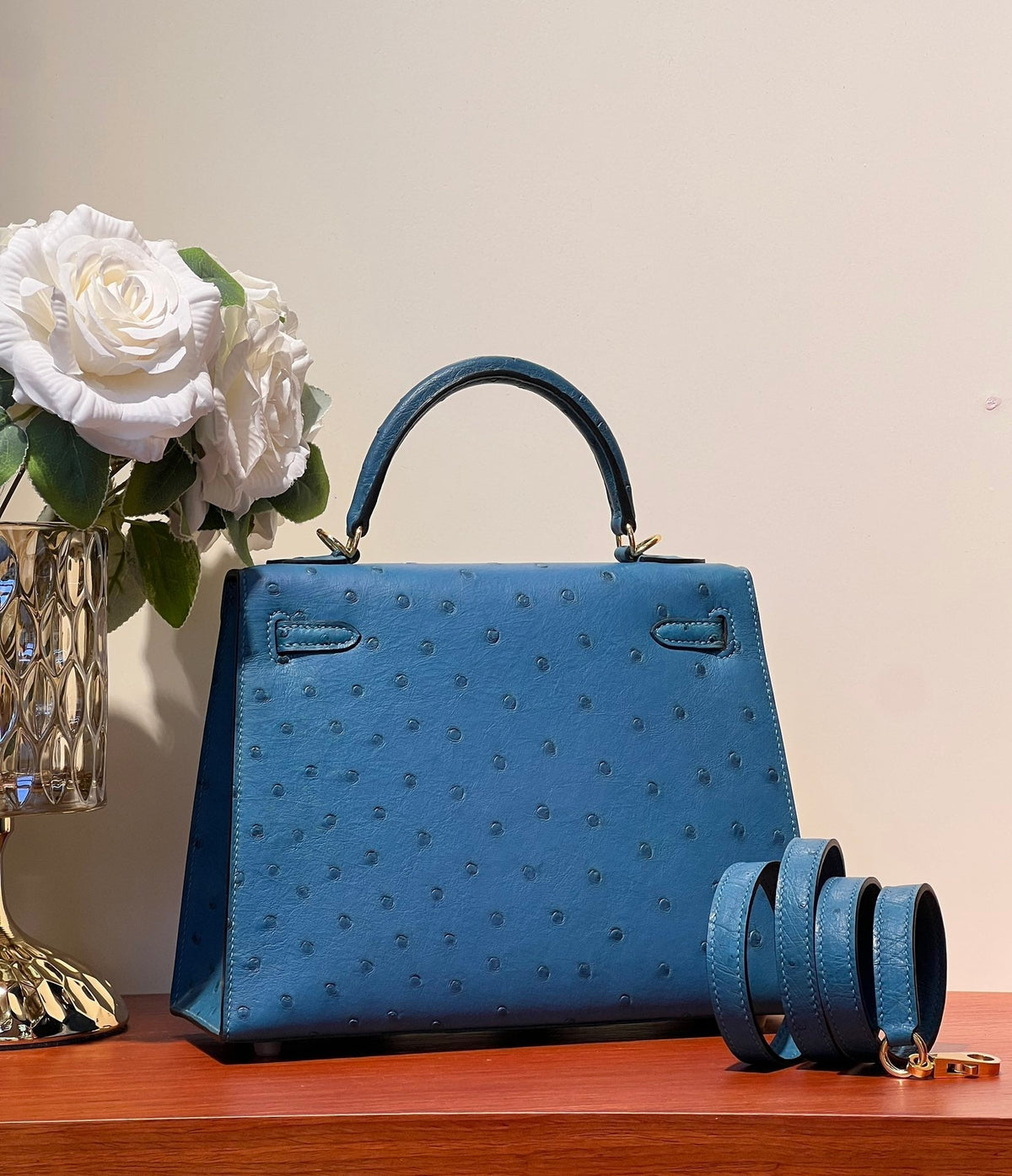 KELLY SELLIER 25 BAG IN ROYAL BLUE OSTRICH LEATHER (MADE - TO - ODER)