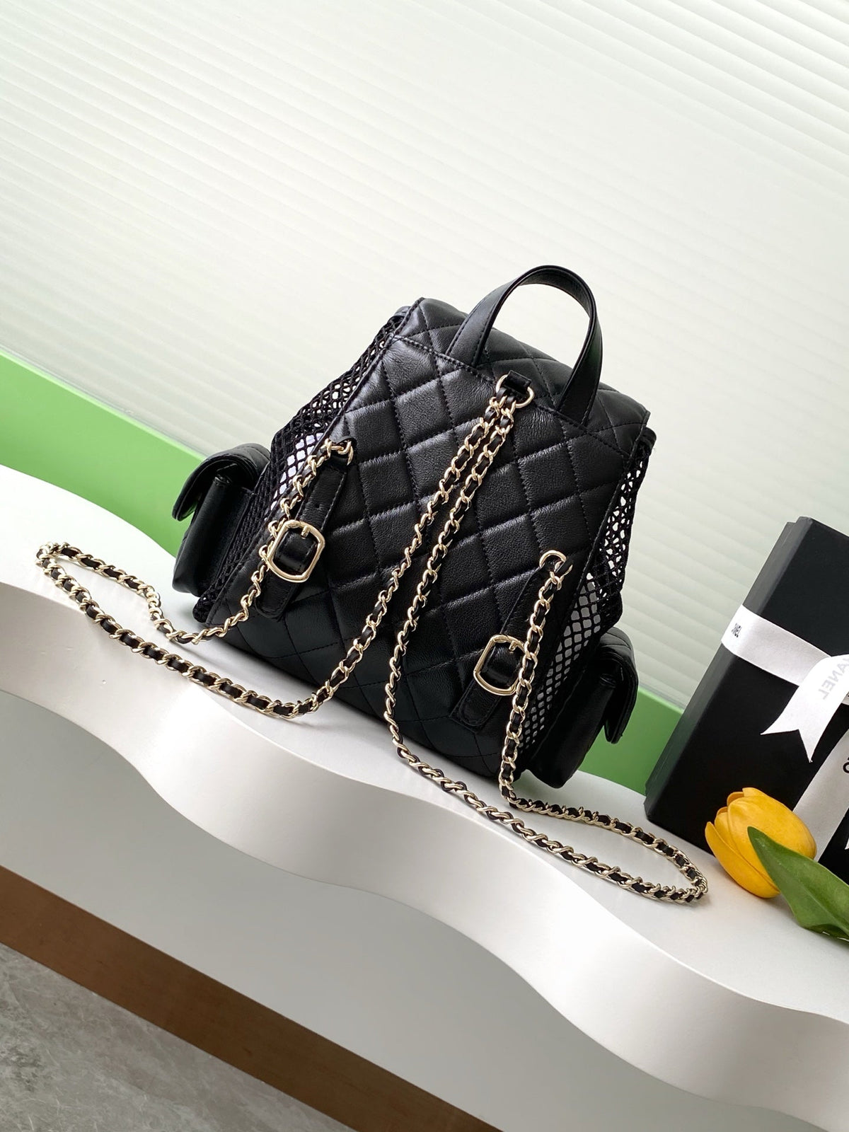 cc 25S Backpack 25cm Black Mesh Calfskin