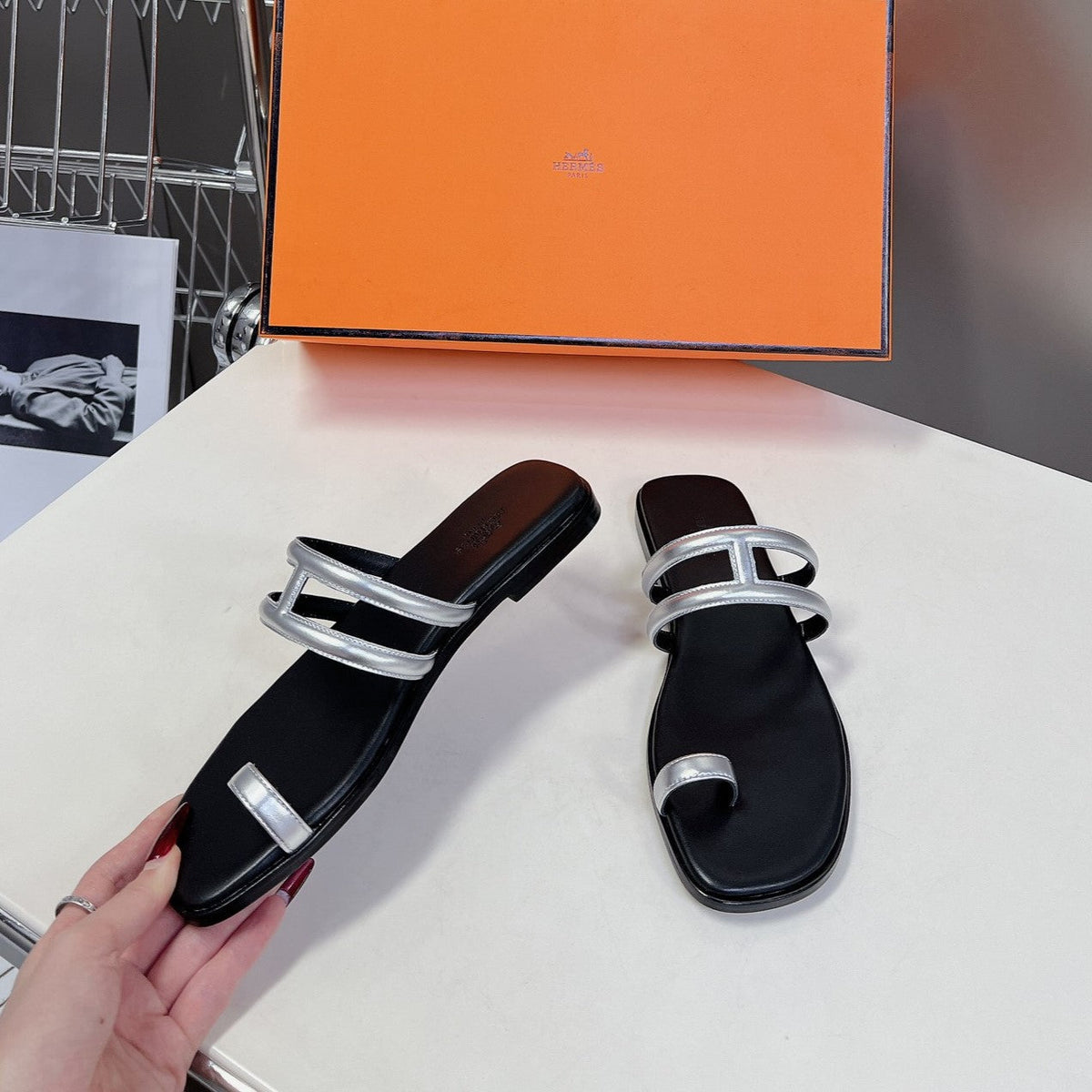 Georgia Sandals Silver Black Calfskin