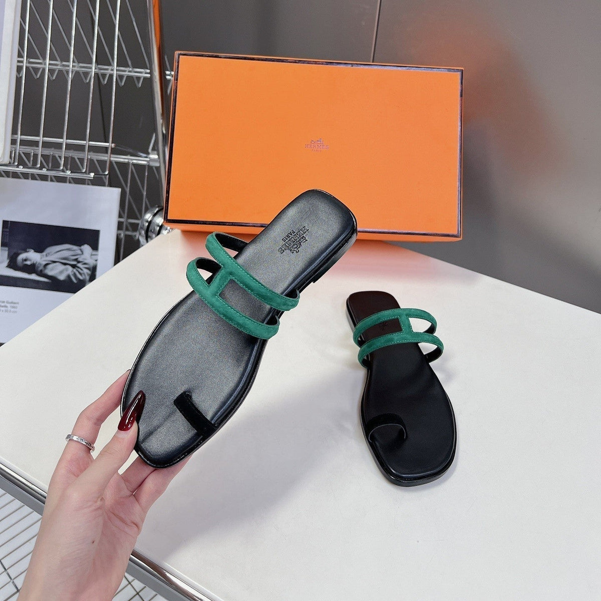 Georgia Sandals Teal Suede Black Calfskin