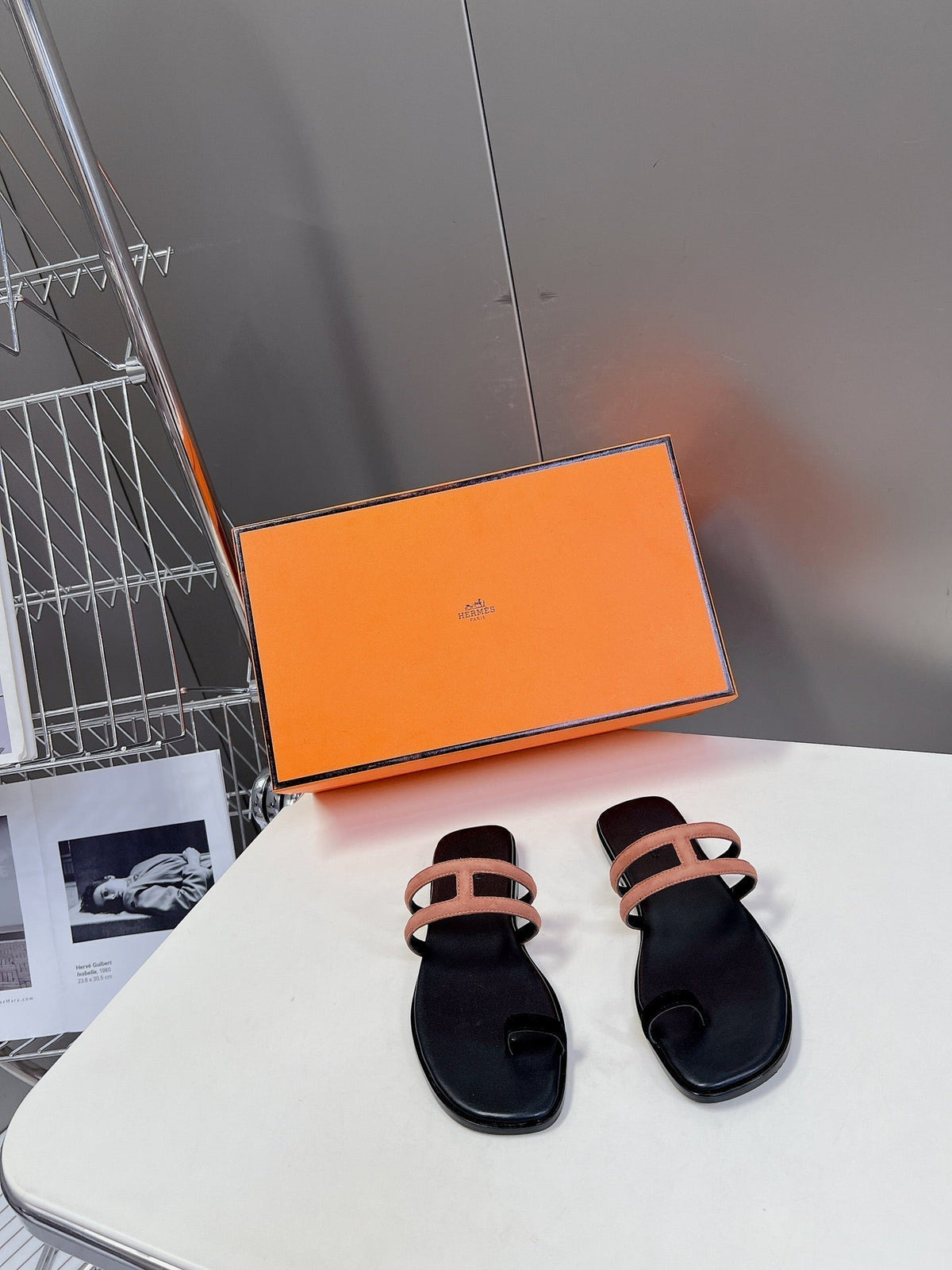 Georgia Sandals Peach Suede Black Calfskin