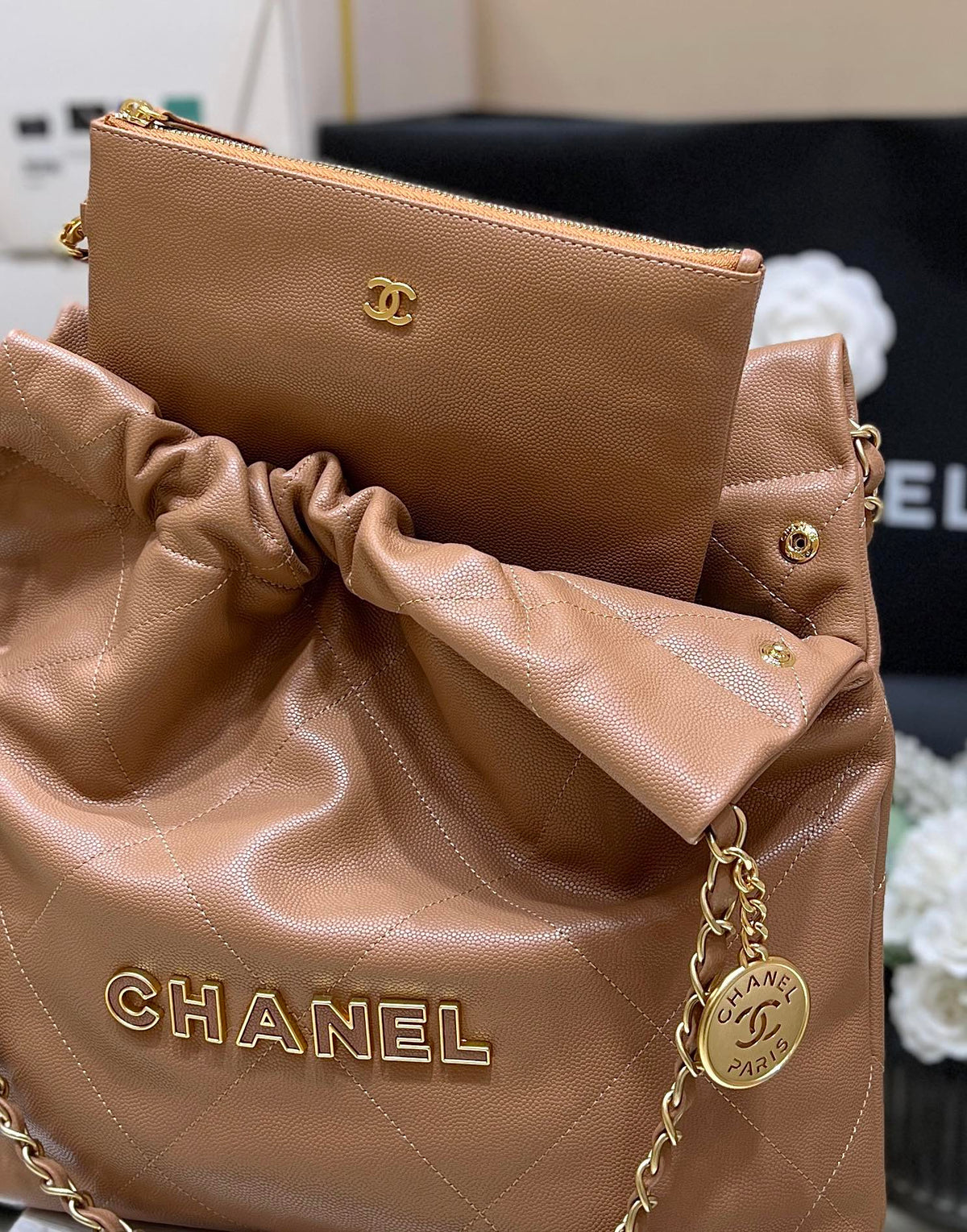 CC 24K Hobo 22 Bag Brown Grained Calfskin