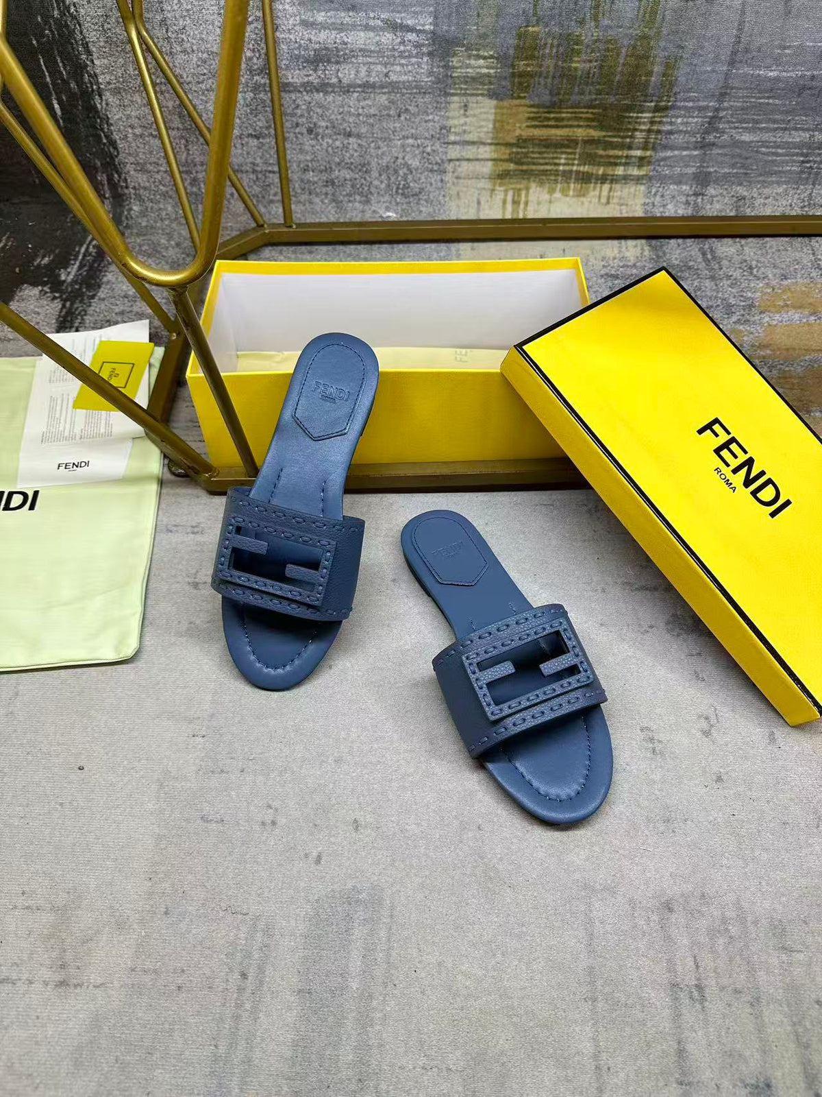 Fendi Baguette Slides Embroidered Dark Blue Nappa Leather 826559