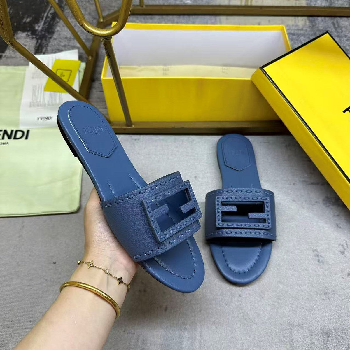 Fendi Baguette Slides Embroidered Dark Blue Nappa Leather 826559