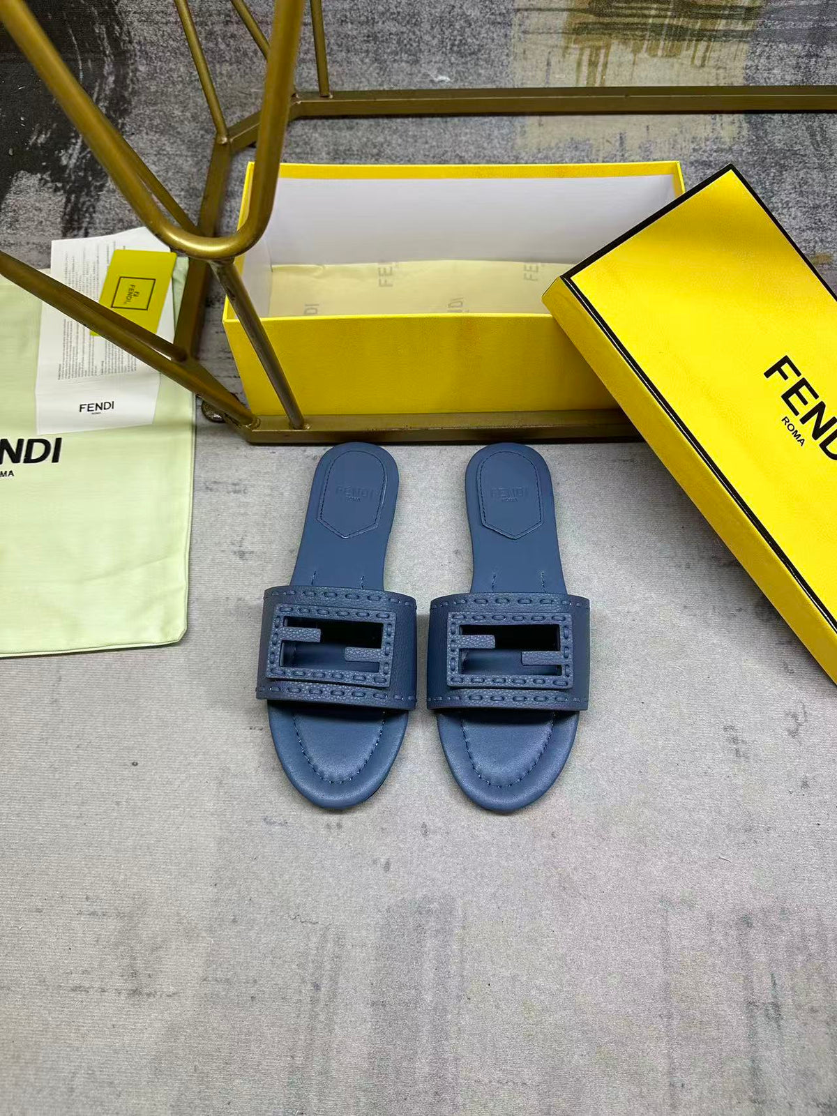 Fendi Baguette Slides Embroidered Dark Blue Nappa Leather 826559