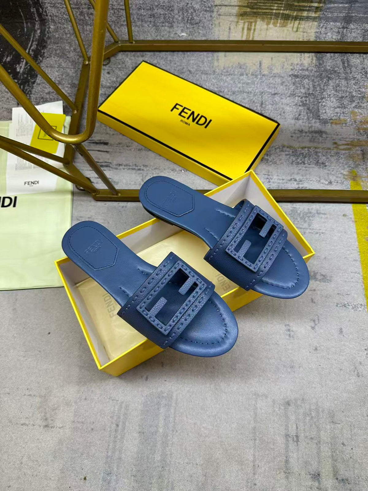 Fendi Baguette Slides Embroidered Dark Blue Nappa Leather 826559