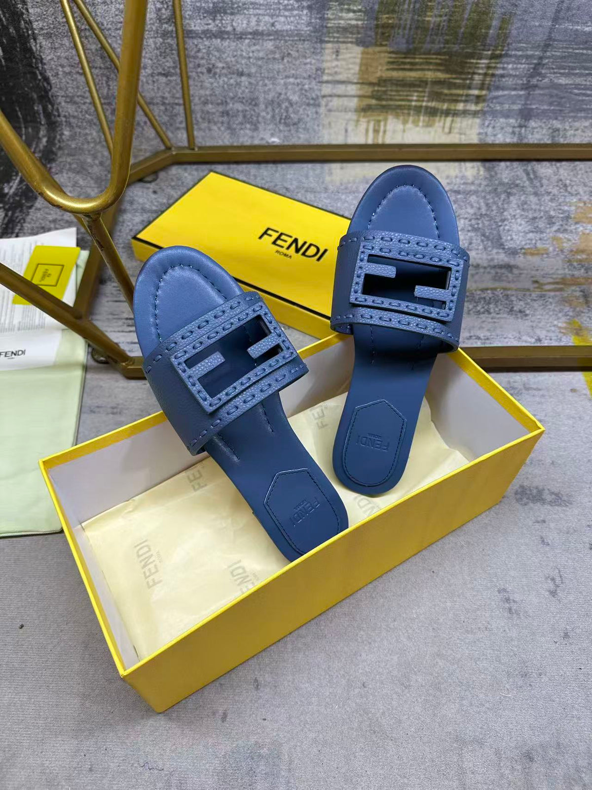 Fendi Baguette Slides Embroidered Dark Blue Nappa Leather 826559