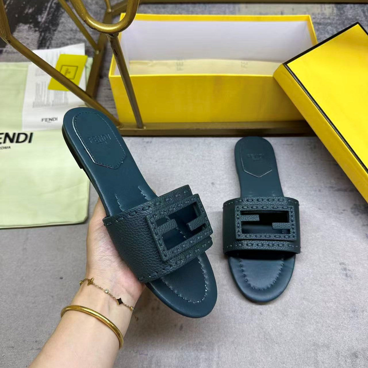 Fendi Baguette Slides Embroidered Teal Green Nappa Leather 826560
