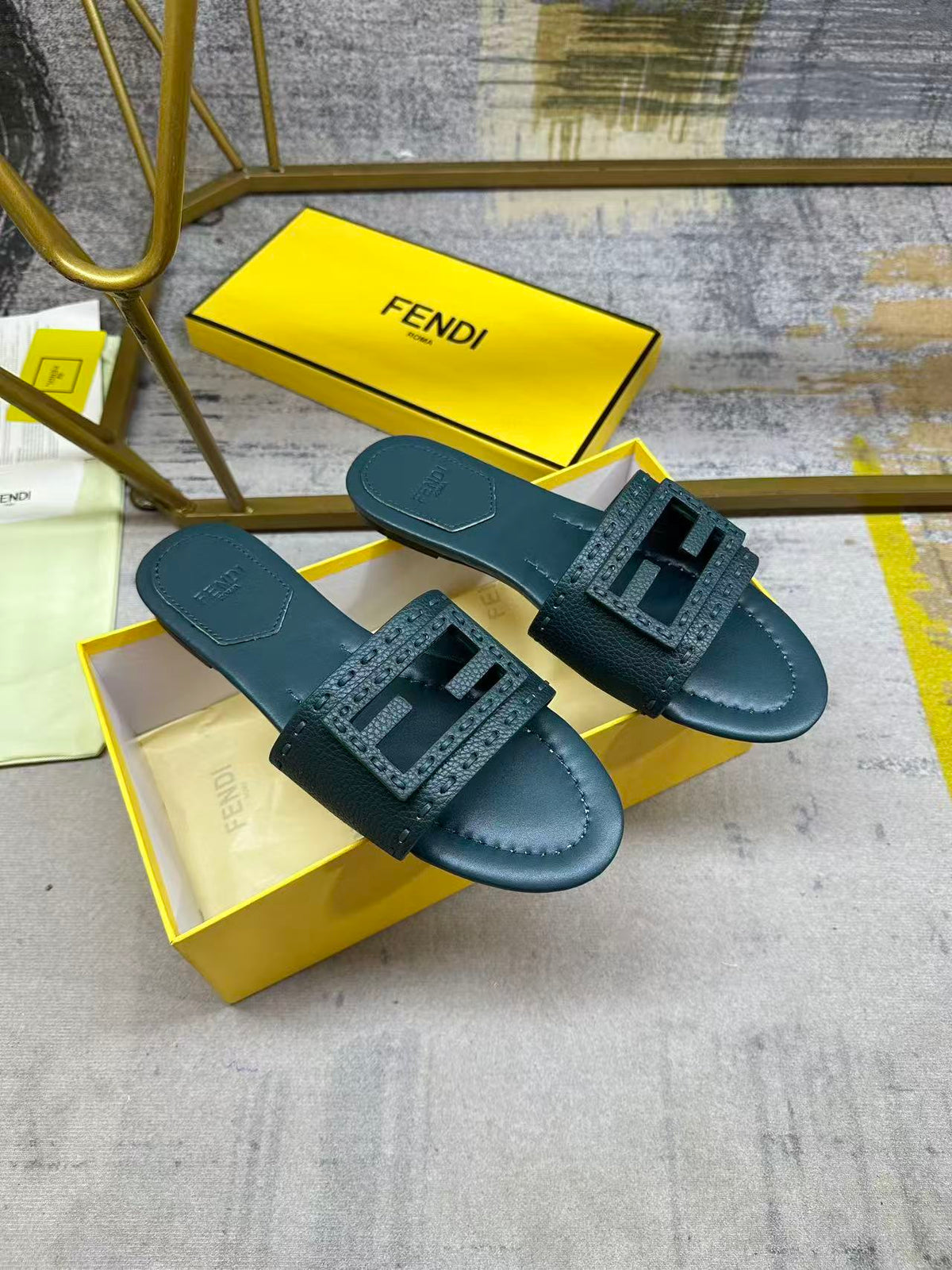Fendi Baguette Slides Embroidered Teal Green Nappa Leather 826560