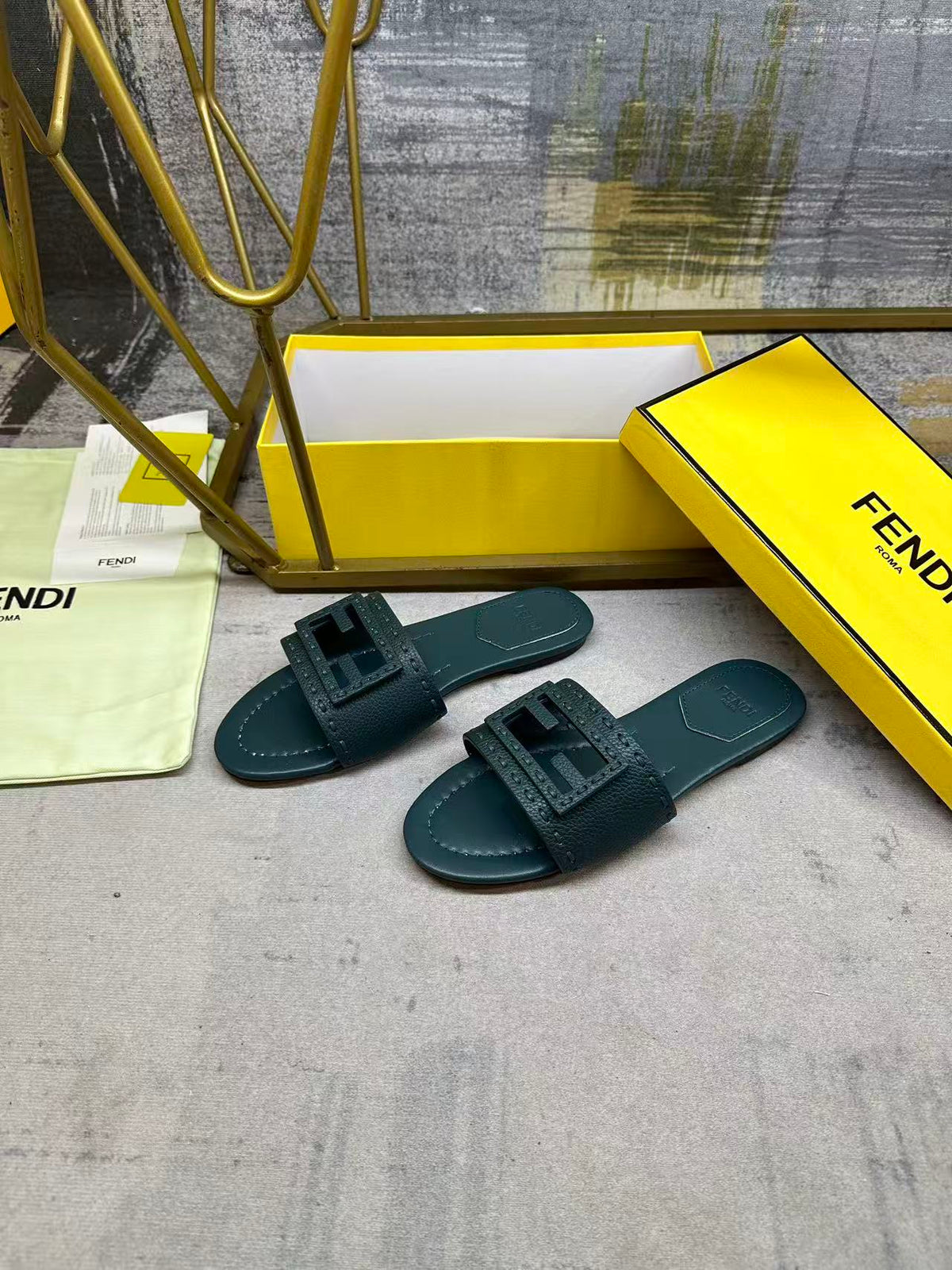 Fendi Baguette Slides Embroidered Teal Green Nappa Leather 826560