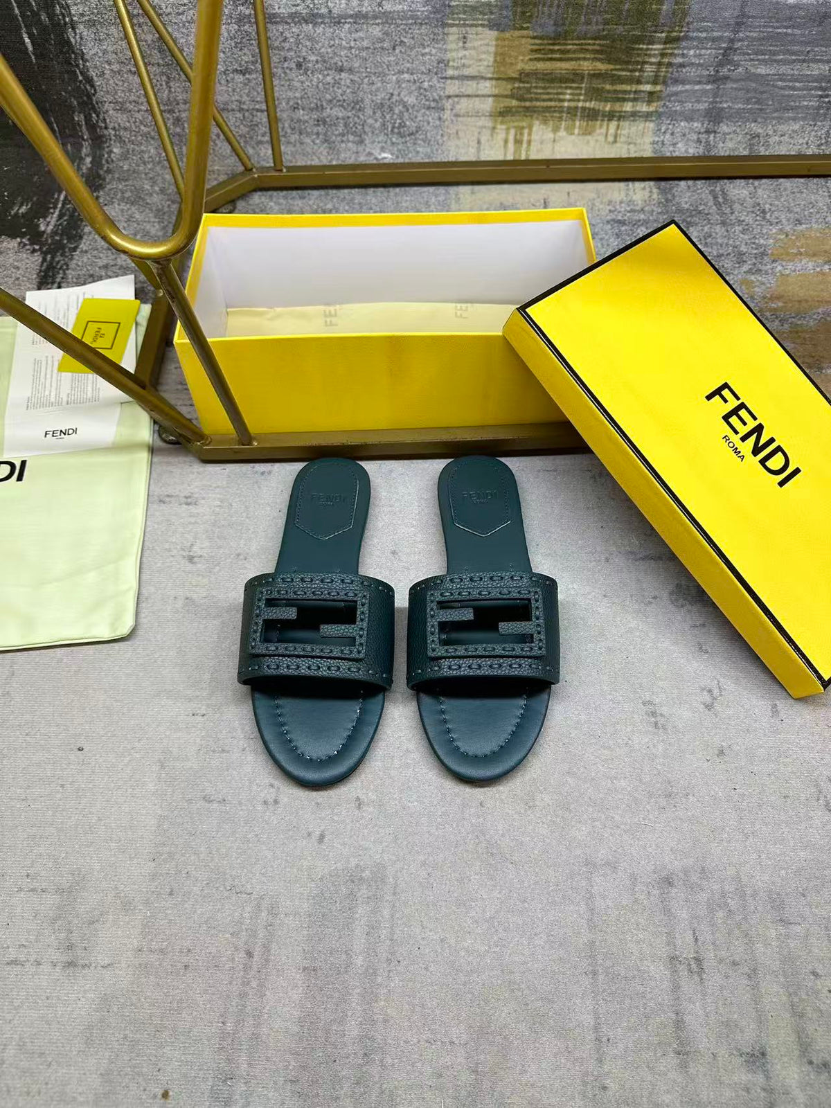 Fendi Baguette Slides Embroidered Teal Green Nappa Leather 826560