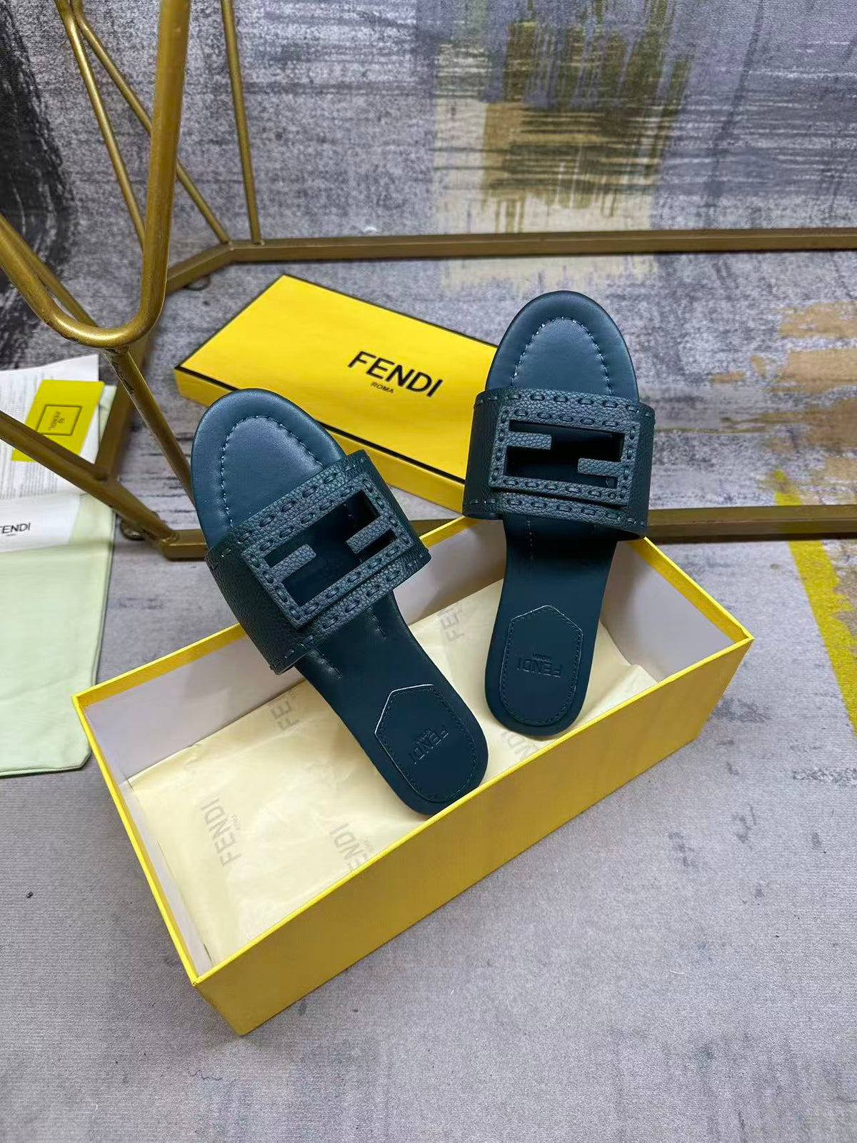 Fendi Baguette Slides Embroidered Teal Green Nappa Leather 826560