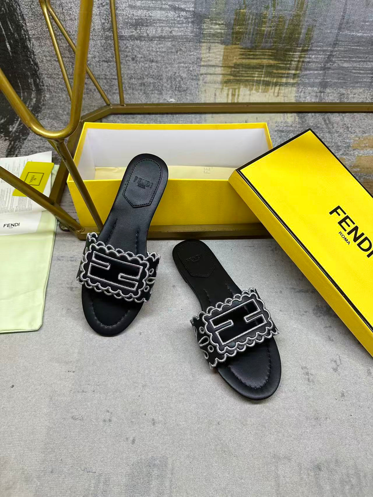 Fendi Baguette Slides Embroidered Black Nappa Leather 826561