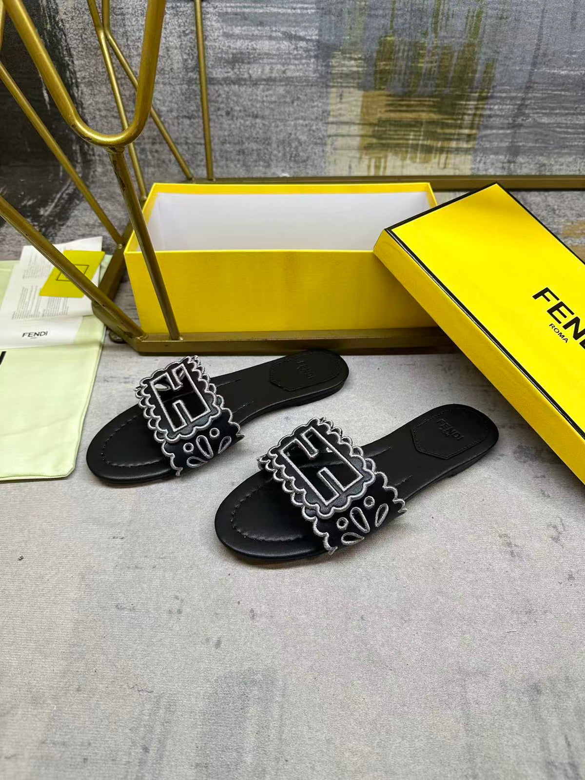 Fendi Baguette Slides Embroidered Black Nappa Leather 826561