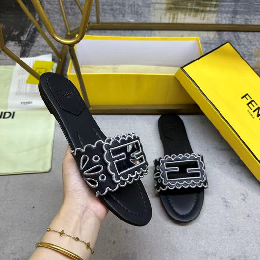 Fendi Baguette Slides Embroidered Black Nappa Leather 826561