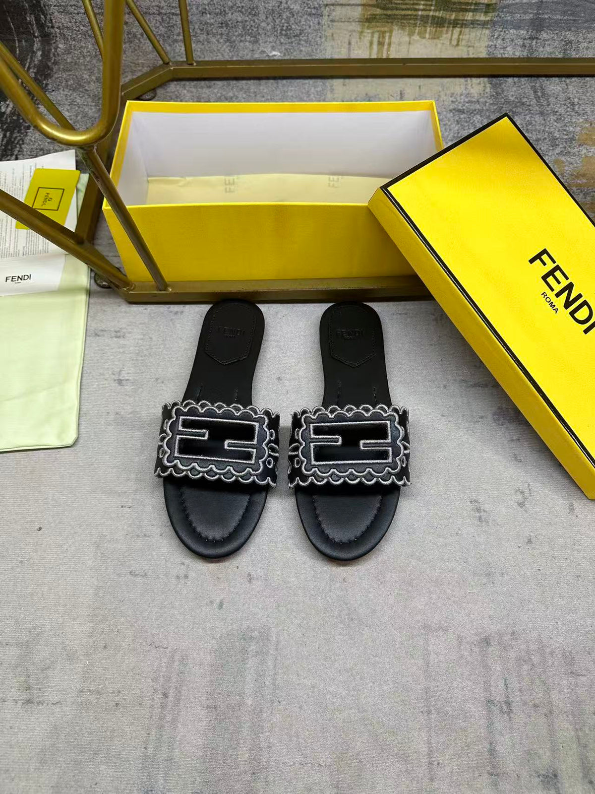 Fendi Baguette Slides Embroidered Black Nappa Leather 826561