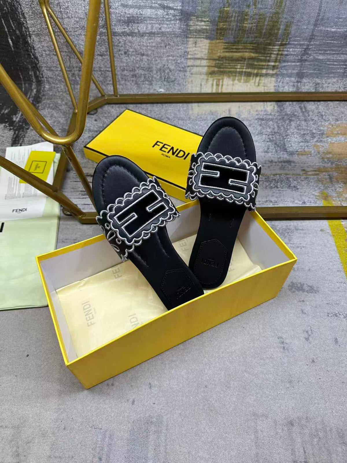 Fendi Baguette Slides Embroidered Black Nappa Leather 826561