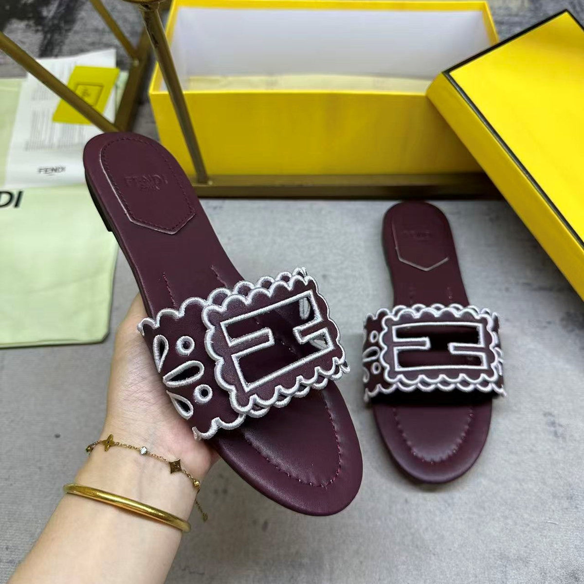 Fendi Baguette Slides Embroidered Burgundy Nappa Leather 826562