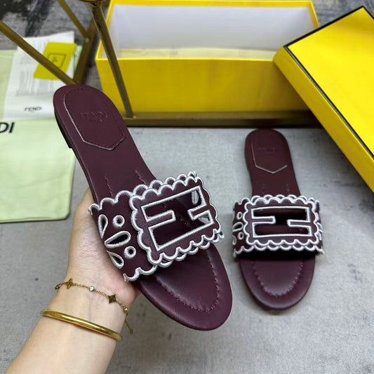 Fendi Baguette Slides Embroidered Burgundy Nappa Leather 826562