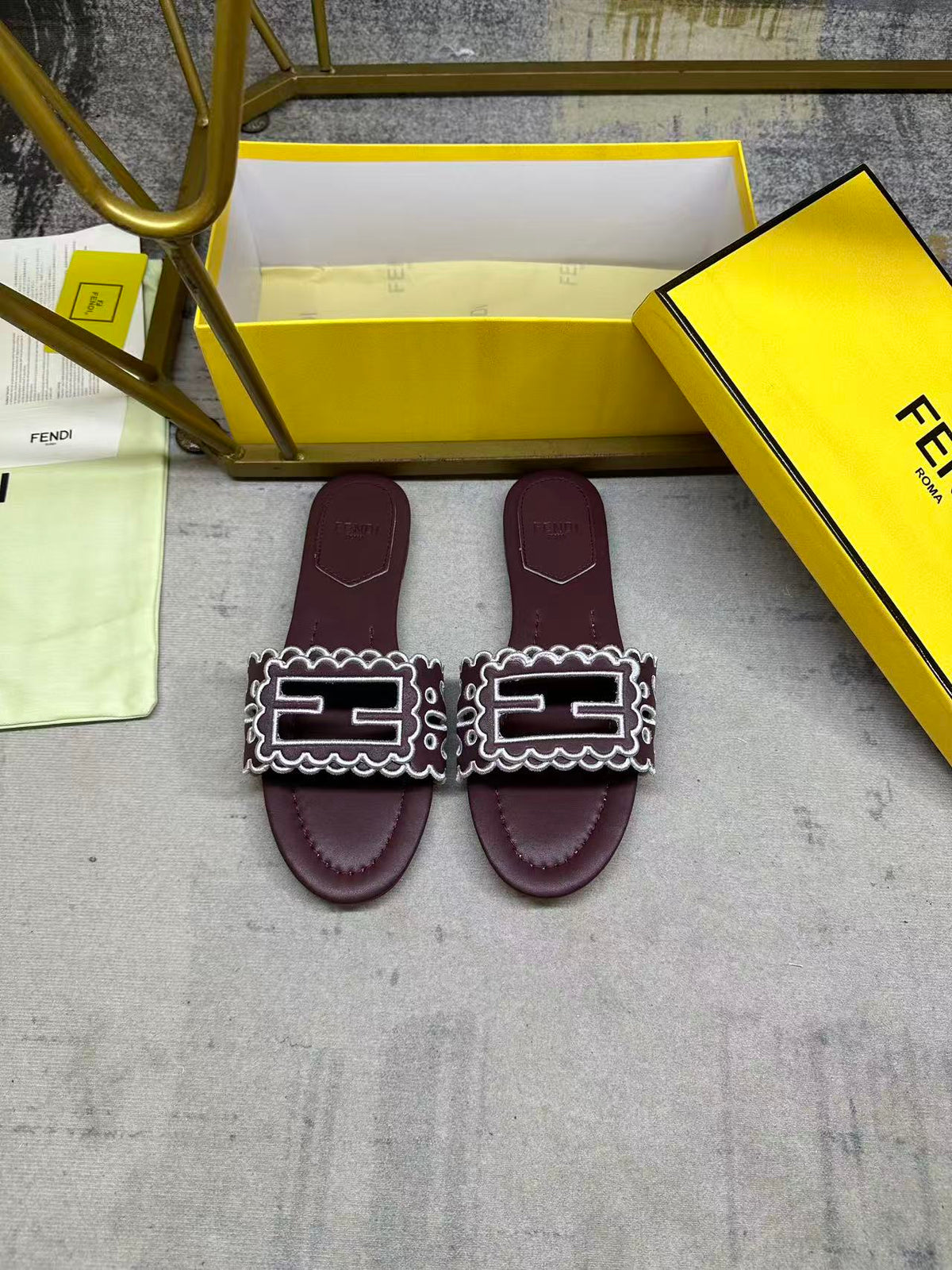 Fendi Baguette Slides Embroidered Burgundy Nappa Leather 826562