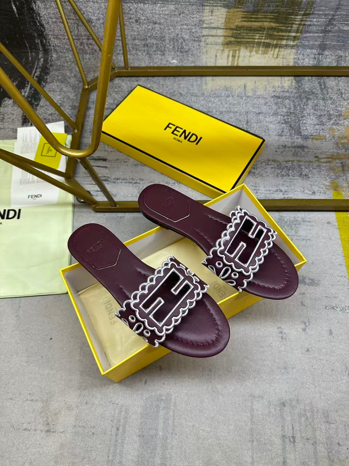 Fendi Baguette Slides Embroidered Burgundy Nappa Leather 826562