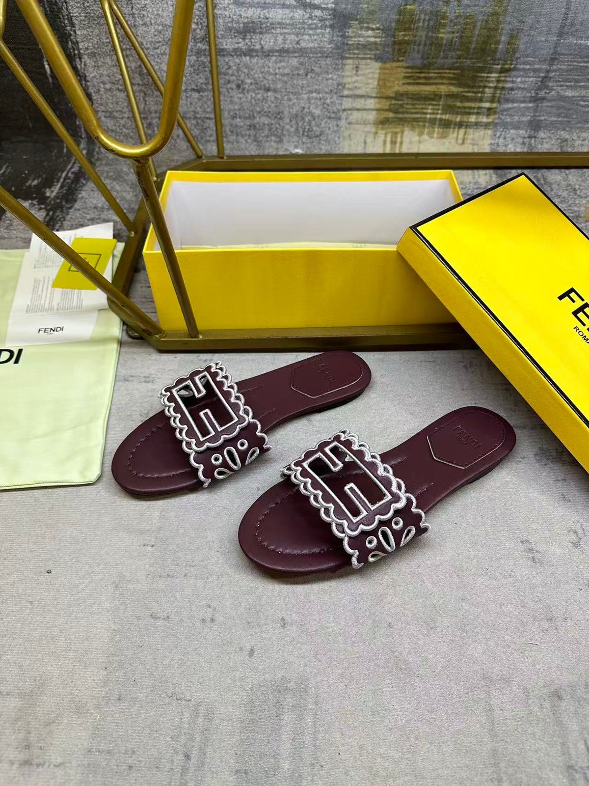 Fendi Baguette Slides Embroidered Burgundy Nappa Leather 826562