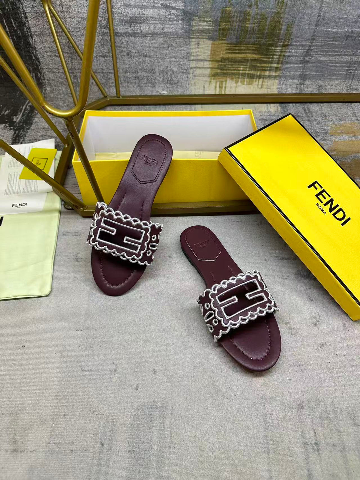 Fendi Baguette Slides Embroidered Burgundy Nappa Leather 826562
