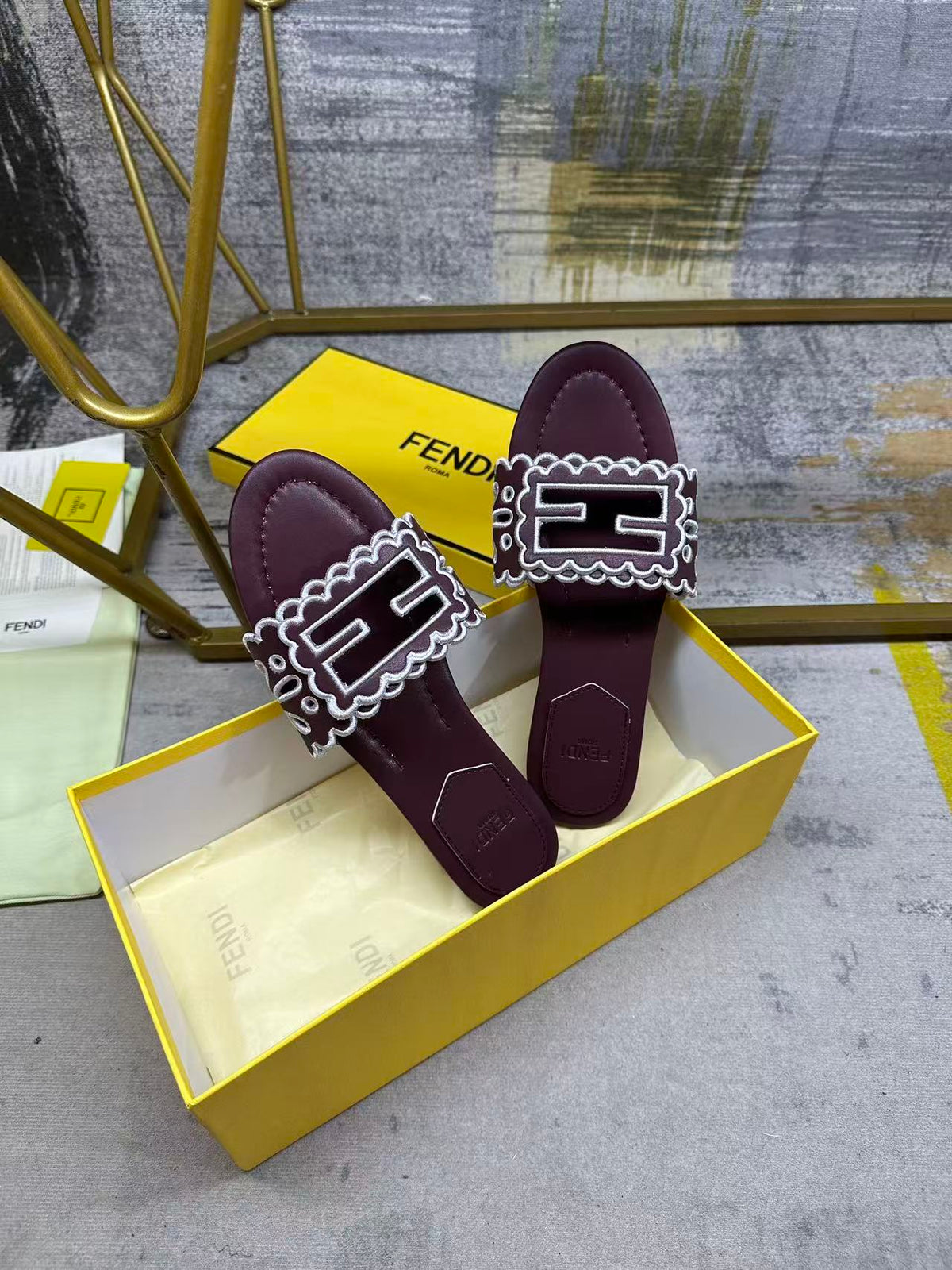 Fendi Baguette Slides Embroidered Burgundy Nappa Leather 826562