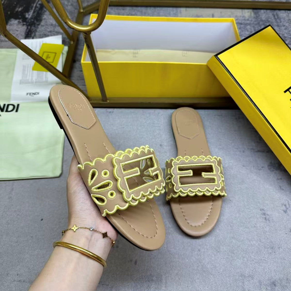Fendi Baguette Slides Embroidered Beige Nappa Leather 826564