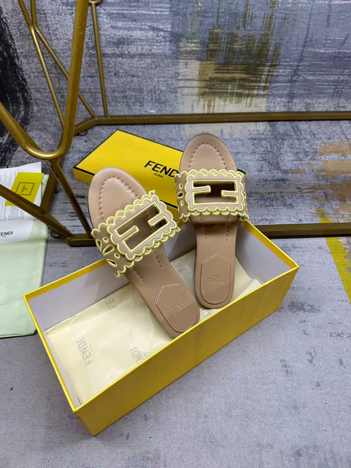 Fendi Baguette Slides Embroidered Beige Nappa Leather 826564