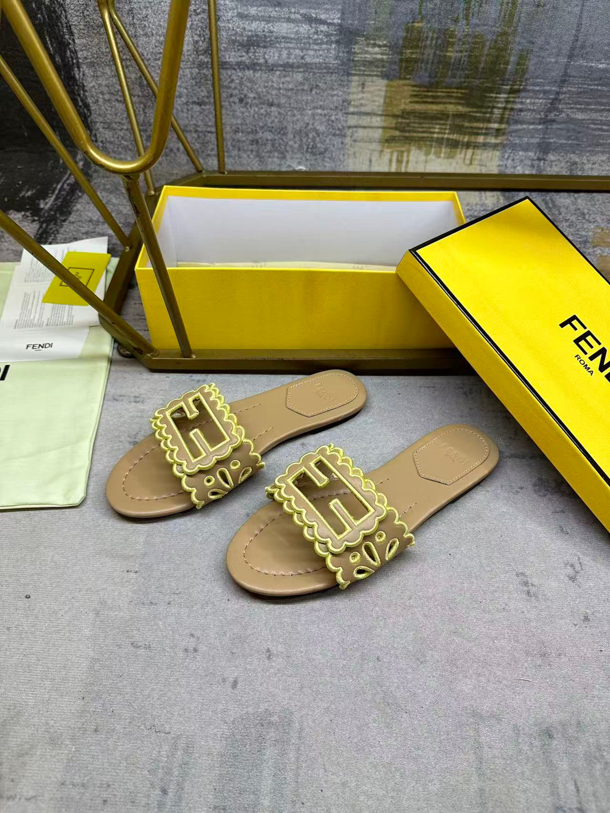 Fendi Baguette Slides Embroidered Beige Nappa Leather 826564