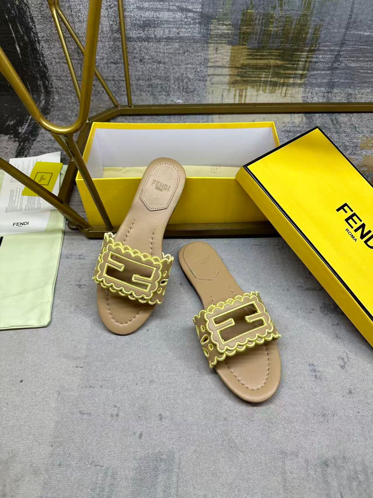 Fendi Baguette Slides Embroidered Beige Nappa Leather 826564