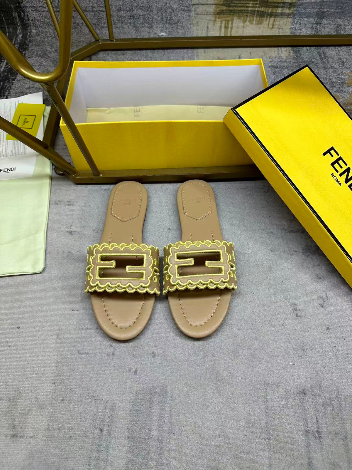 Fendi Baguette Slides Embroidered Beige Nappa Leather 826564