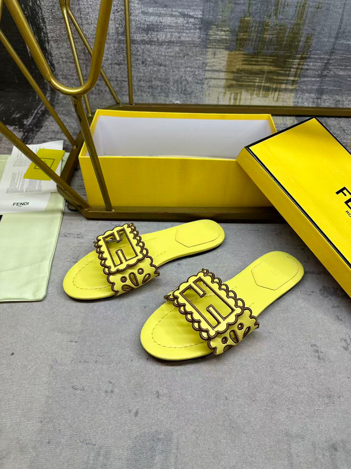 Fendi Baguette Slides Embroidered Yellow Nappa Leather 826565
