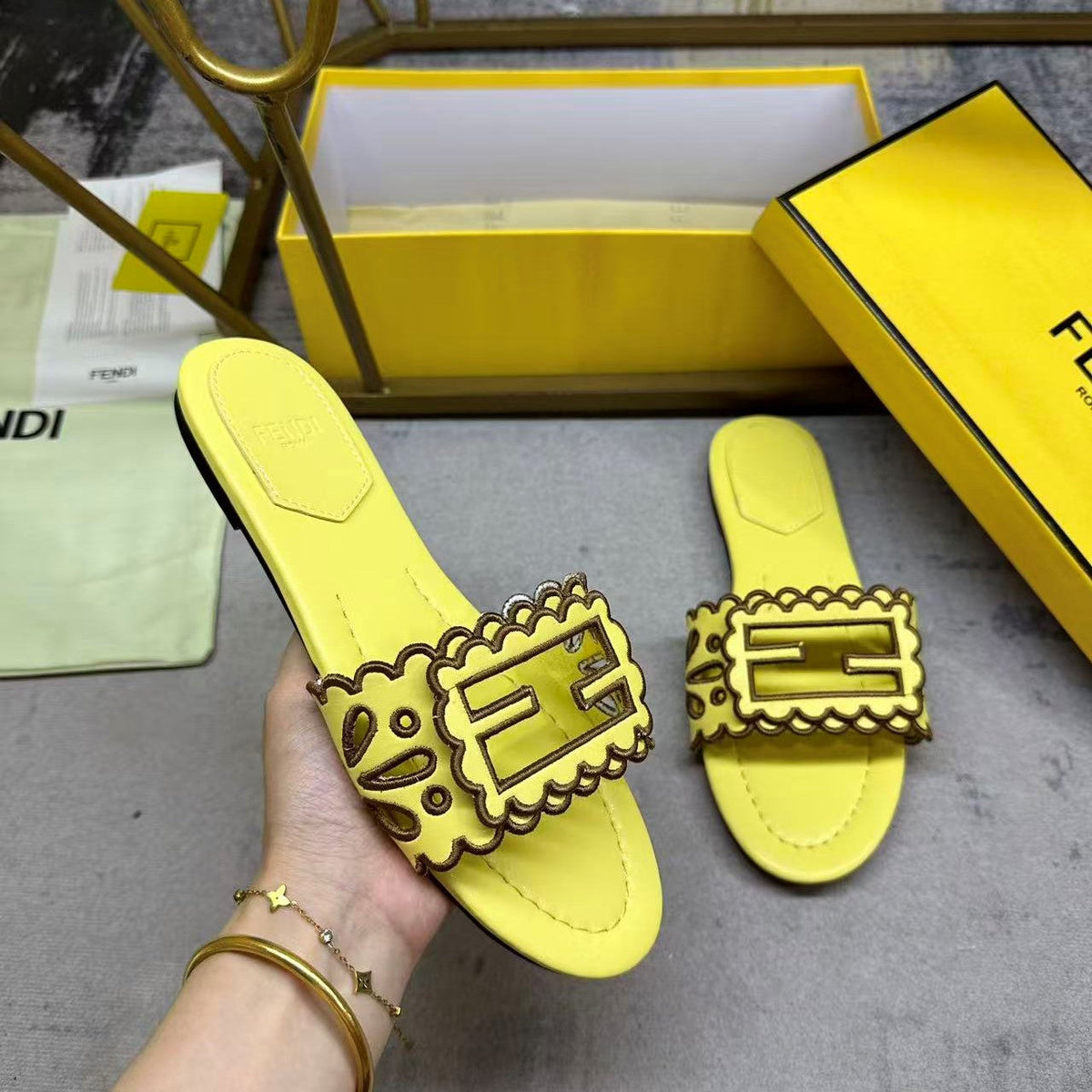 Fendi Baguette Slides Embroidered Yellow Nappa Leather 826565