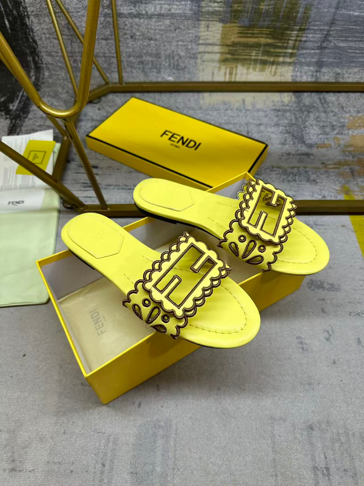 Fendi Baguette Slides Embroidered Yellow Nappa Leather 826565