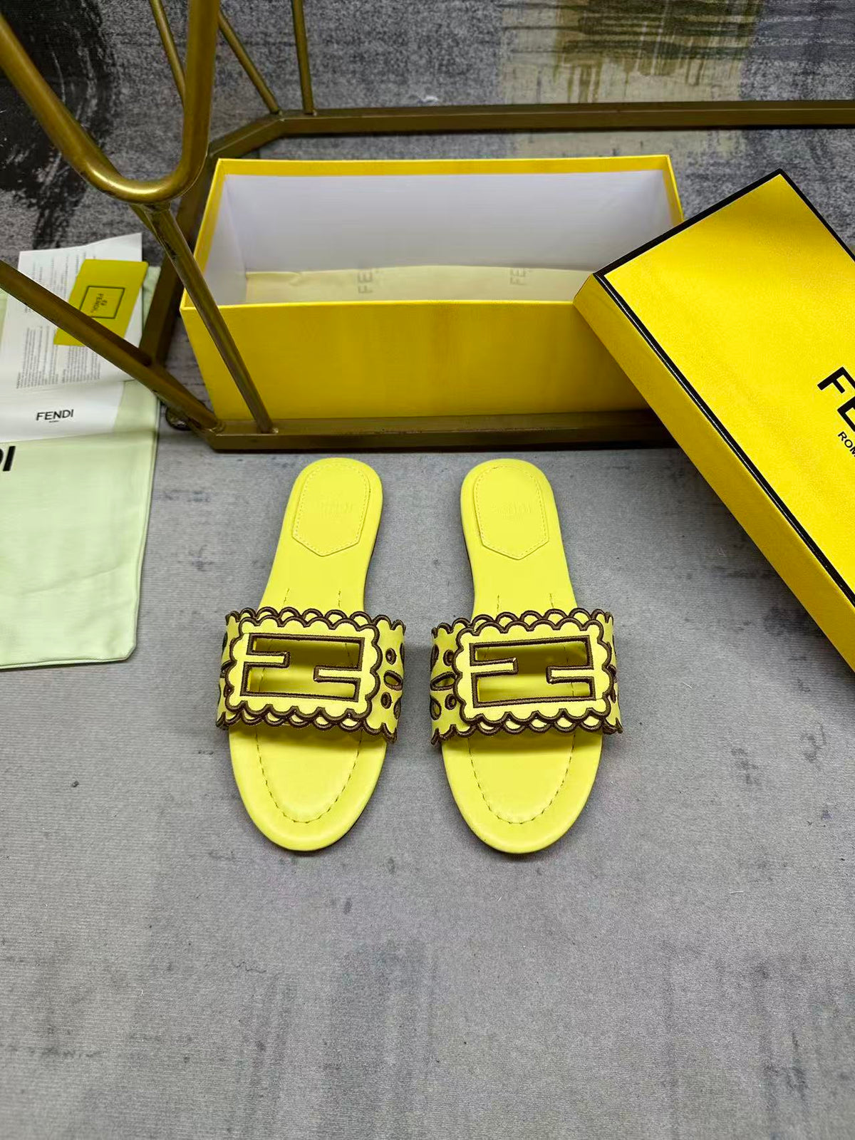 Fendi Baguette Slides Embroidered Yellow Nappa Leather 826565