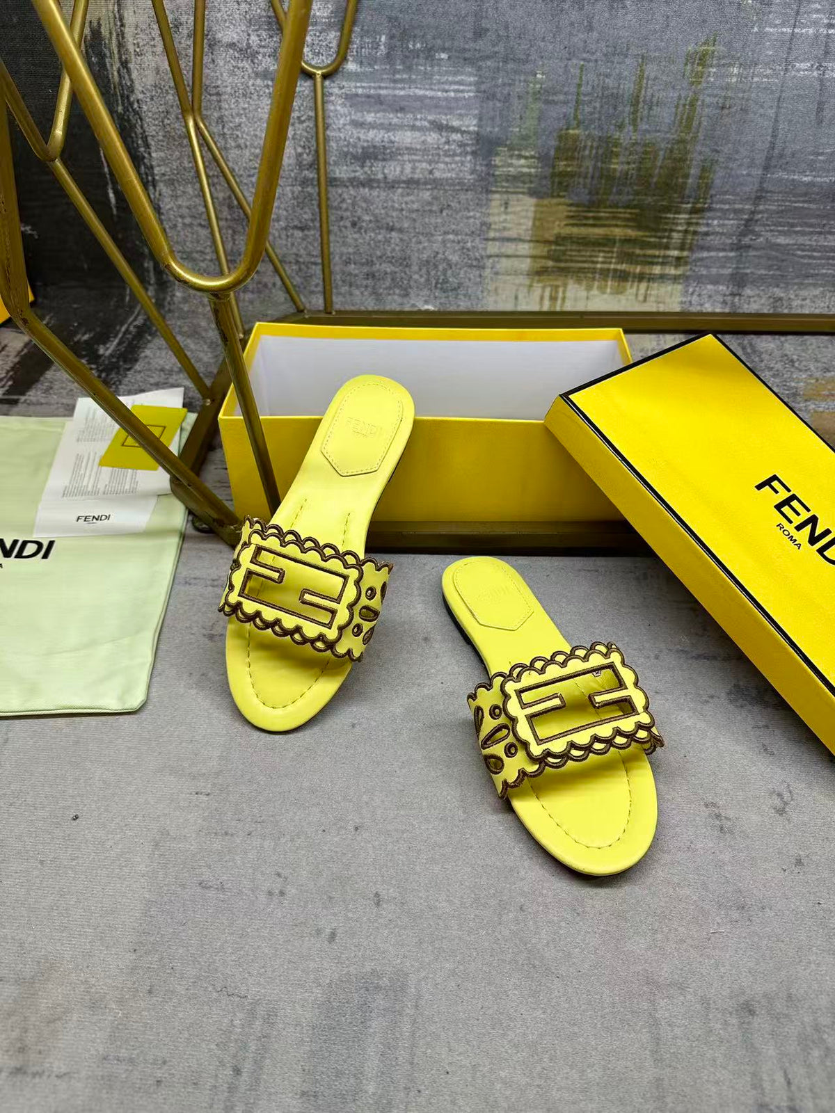 Fendi Baguette Slides Embroidered Yellow Nappa Leather 826565