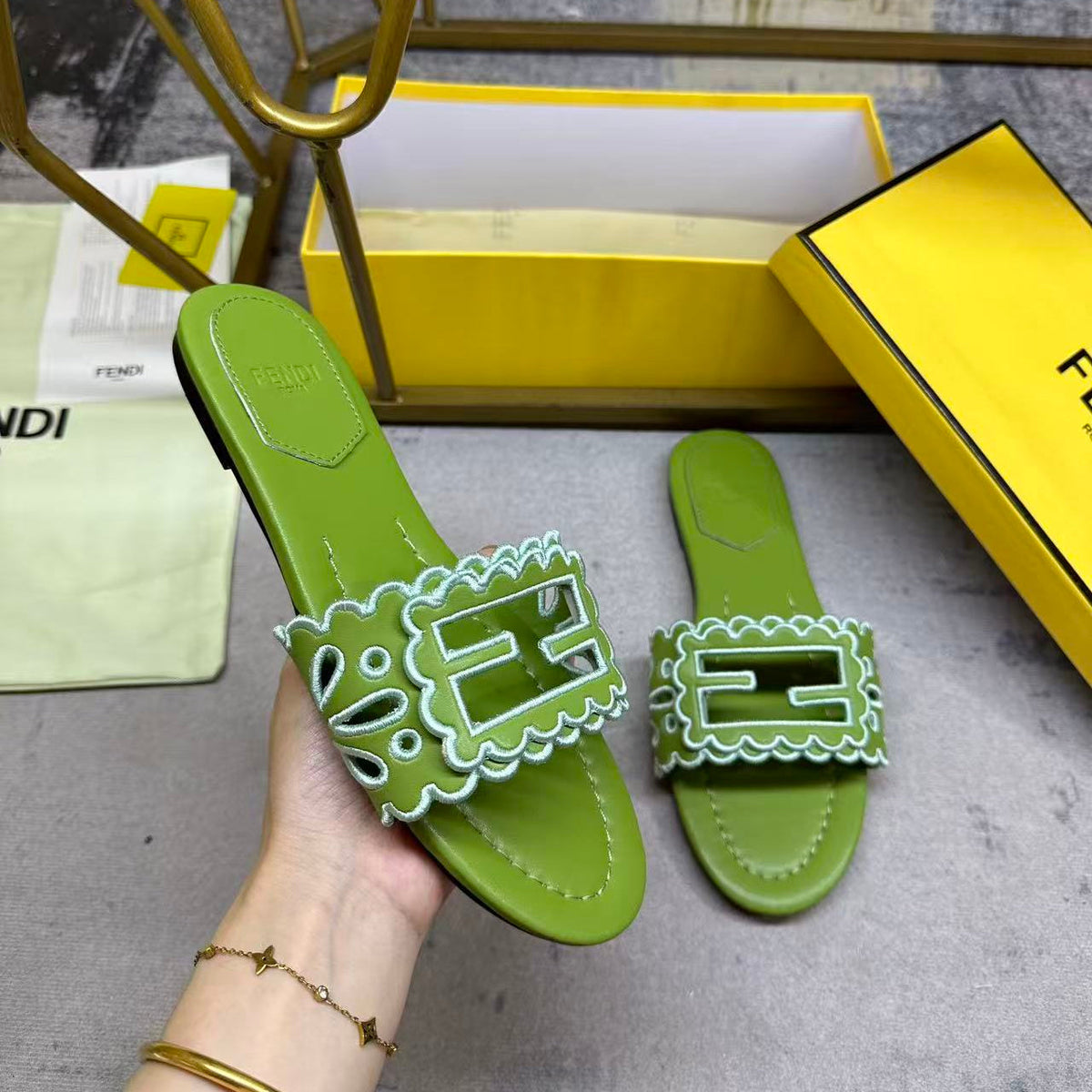 Fendi Baguette Slides Embroidered Green Nappa Leather 826566