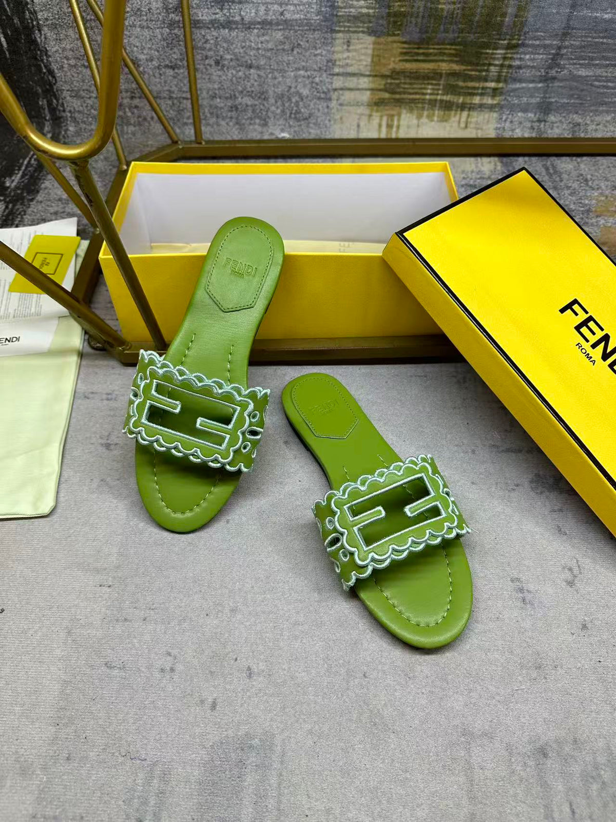 Fendi Baguette Slides Embroidered Green Nappa Leather 826566