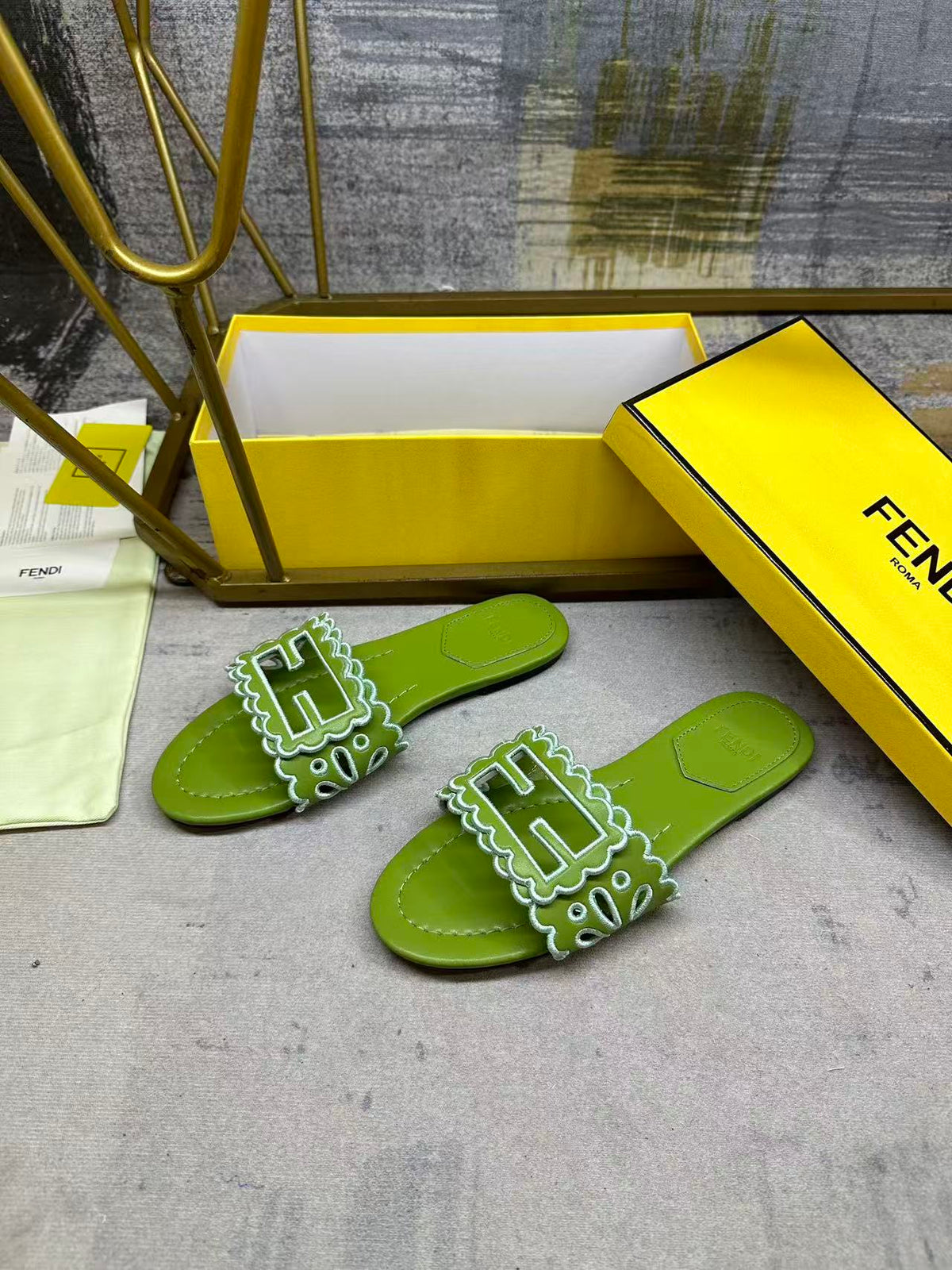 Fendi Baguette Slides Embroidered Green Nappa Leather 826566