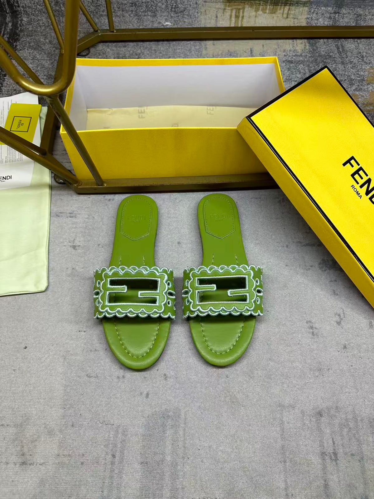 Fendi Baguette Slides Embroidered Green Nappa Leather 826566