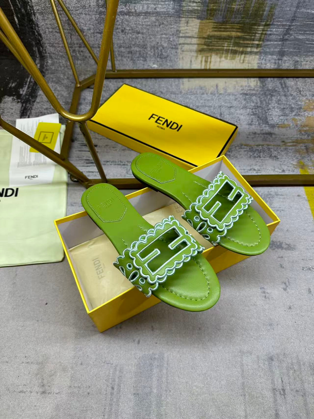 Fendi Baguette Slides Embroidered Green Nappa Leather 826566